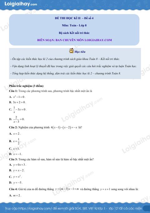 Đề thi học kì 2 Toán 8 - Đề số 4 - Kết nối tri thức